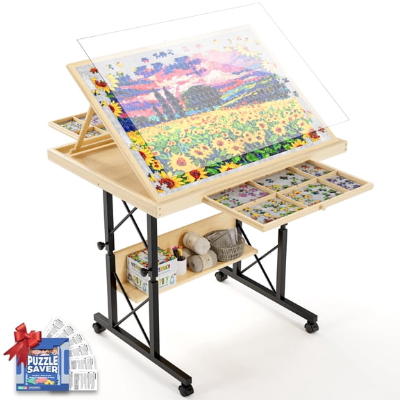 Buballino Adjustable-Height Wooden Puzzle Table with Wheels, for 1500 Pieces