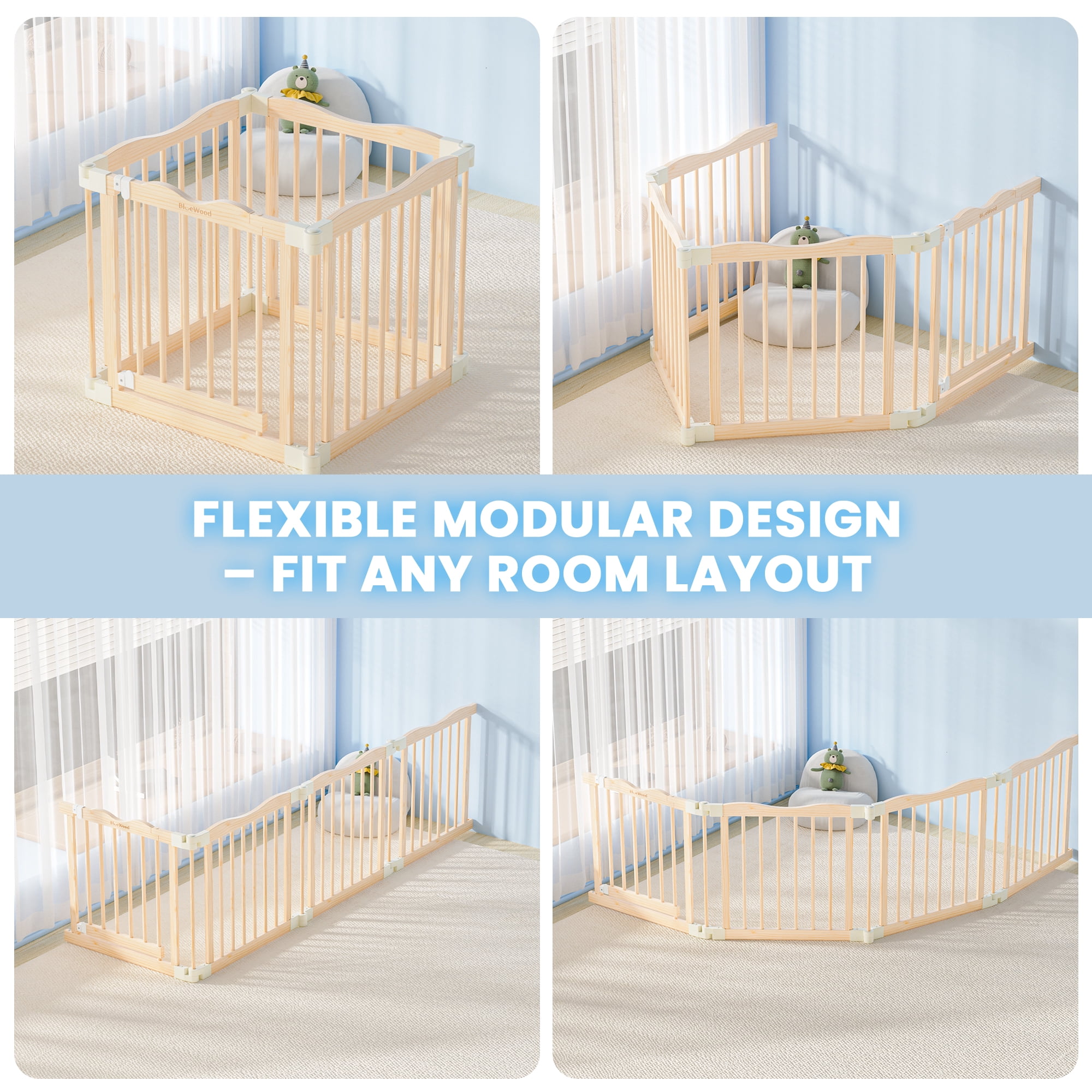 Buballino Natural Wood Baby Playpen - 27.5" Flexible 4-Piece Assembly Set