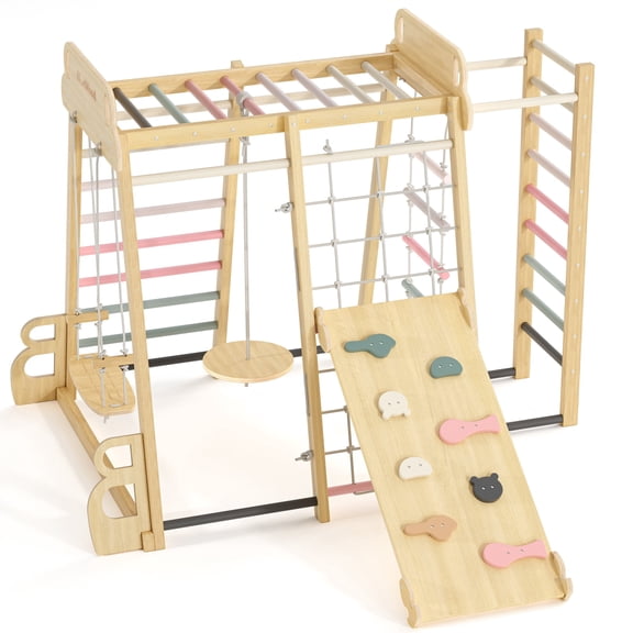 Buballino Climb and Slide Jungle Gym Toddler Playset Pink Wooden Indoor Outdoor Cube 1-Count