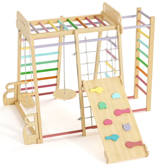 Buballino Rainbow Climb & Slide Set - Toddler Wooden Jungle Gym, Indoor/Outdoor Play Equipment