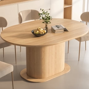Buballino Round Expandable Dining Table, Natural Oak Wood Grain, Hidden Tableware Storage, Space Saving Design