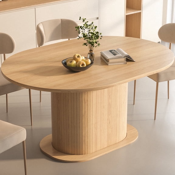 Buballino Round Expandable Dining Table, Natural Oak Wood Grain, Hidden Tableware Storage, Space Saving Design