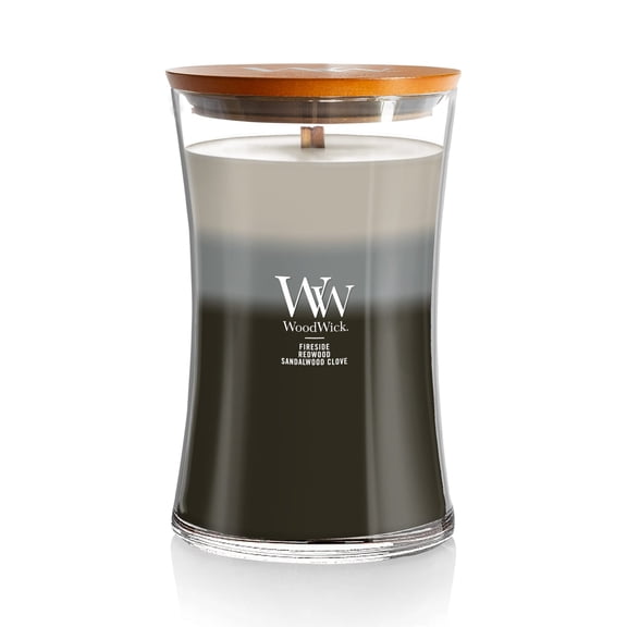 WoodWick Large Warm Woods Trilogy Hourglass Scented Candle, Crackles as it Burns, Fireside | Redwood | Sandalwood Clove, 21.5 oz