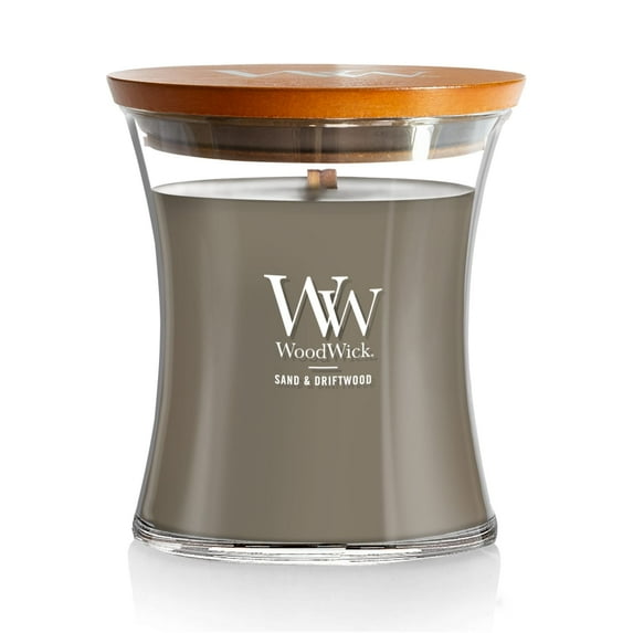 WoodWick Sand & Driftwood Scented Medium Hourglass Candle, Crackles at it burns, Perfect for gifting, 9.7oz