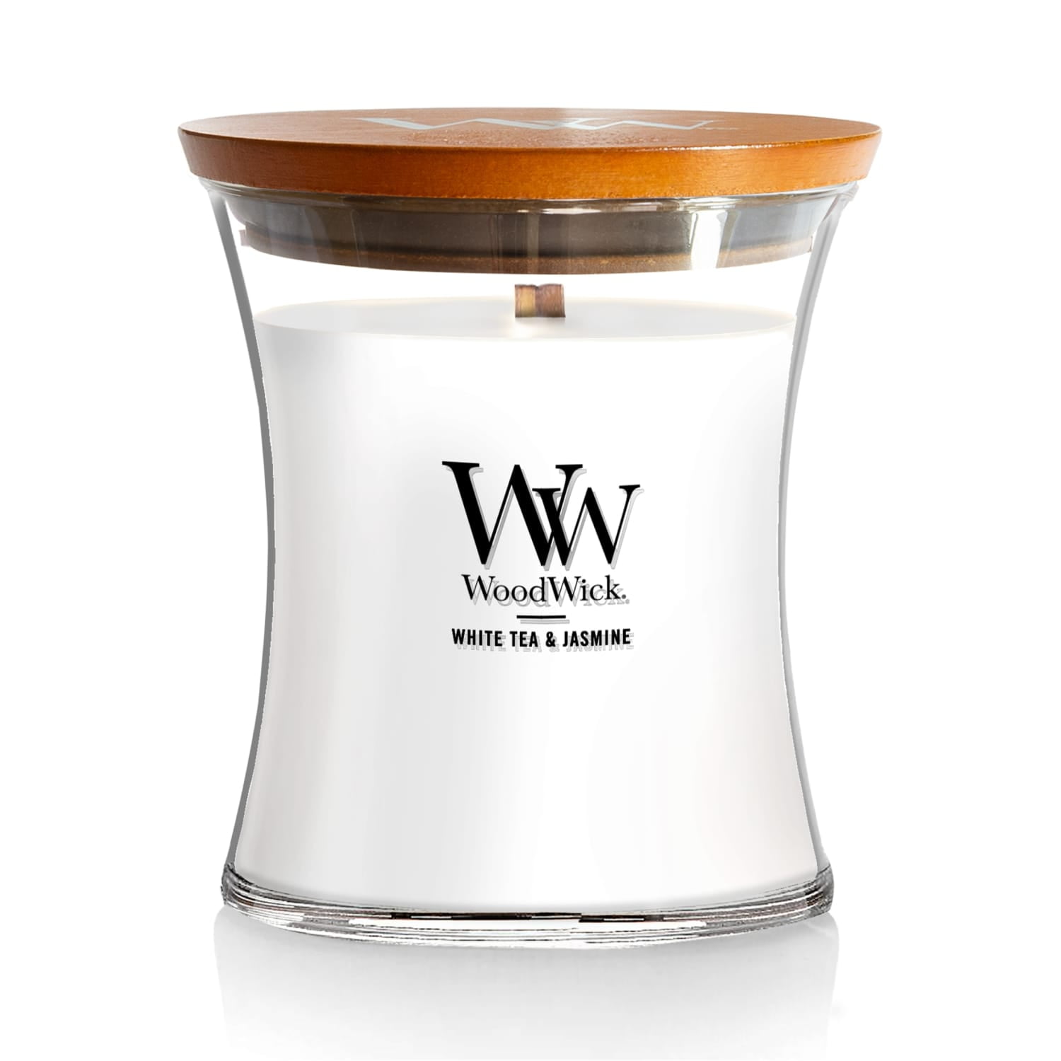 WoodWick White Tea & Jasmine Scented Medium Hourglass Candle, Crackles as it Burns, Great for gifting, 9.7oz