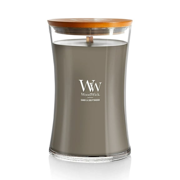 WoodWick Sand & Driftwood Scented Large Hourglass Candle, Crackles at it burns, Up to 180 hrs burn time, Perfect for gifting, 21oz
