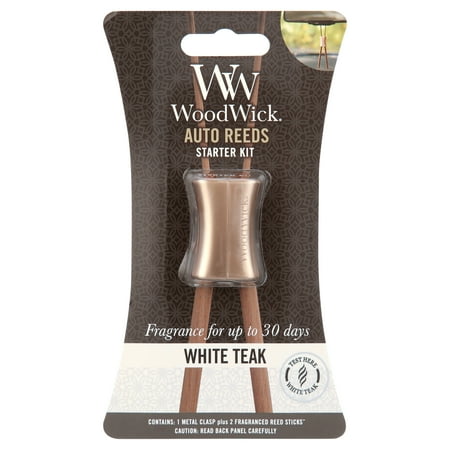 WoodWick White Teak Auto Reeds Hanging Car Air Freshener Starter Kit with Scented Bamboo Reeds