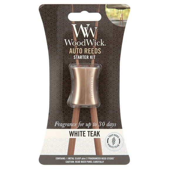WoodWick White Teak Auto Reeds Hanging Car Air Freshener Starter Kit with Scented Bamboo Reeds