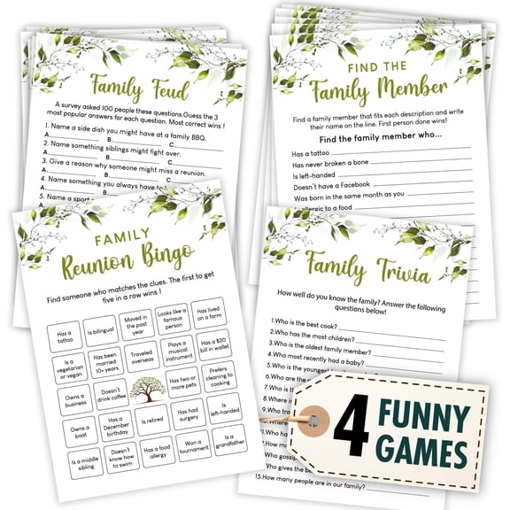 Woodamore Group Game Cards, Family Reunion 4 Games, 50 Cards with Bingo and Trivia