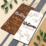 Woodamore Meeting in Progress Door Sign, Double Sided 12x5 in Brown and White Wood