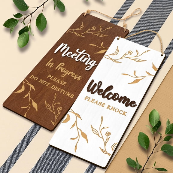 Woodamore Meeting in Progress Door Sign, Double Sided 12x5 in Brown and White Wood