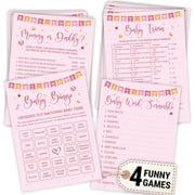 Woodamore Soft Pink Baby Shower Games for Girl, 4 Game Card Set for 25 Guests