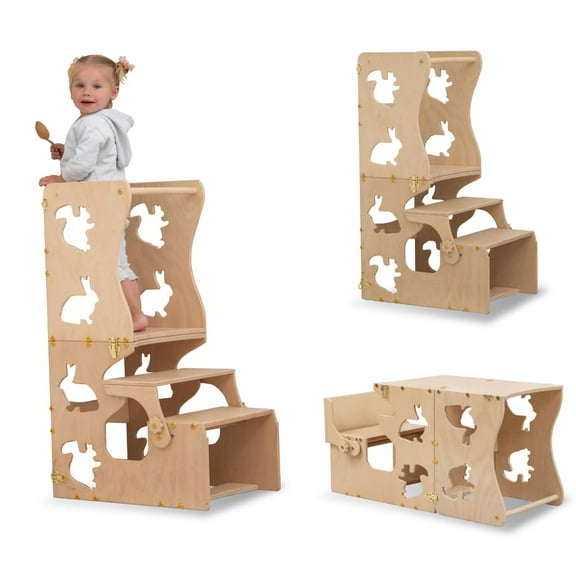 Woodandhearts Toddler Tower, Toddler Standing Tower, Toddler Stool for Kitchen, Kitchen Stool for Toddlers, Kitchen Tower for Toddlers, Kids Kitchen Step Stool (With Animal cutouts), Made in Ukraine