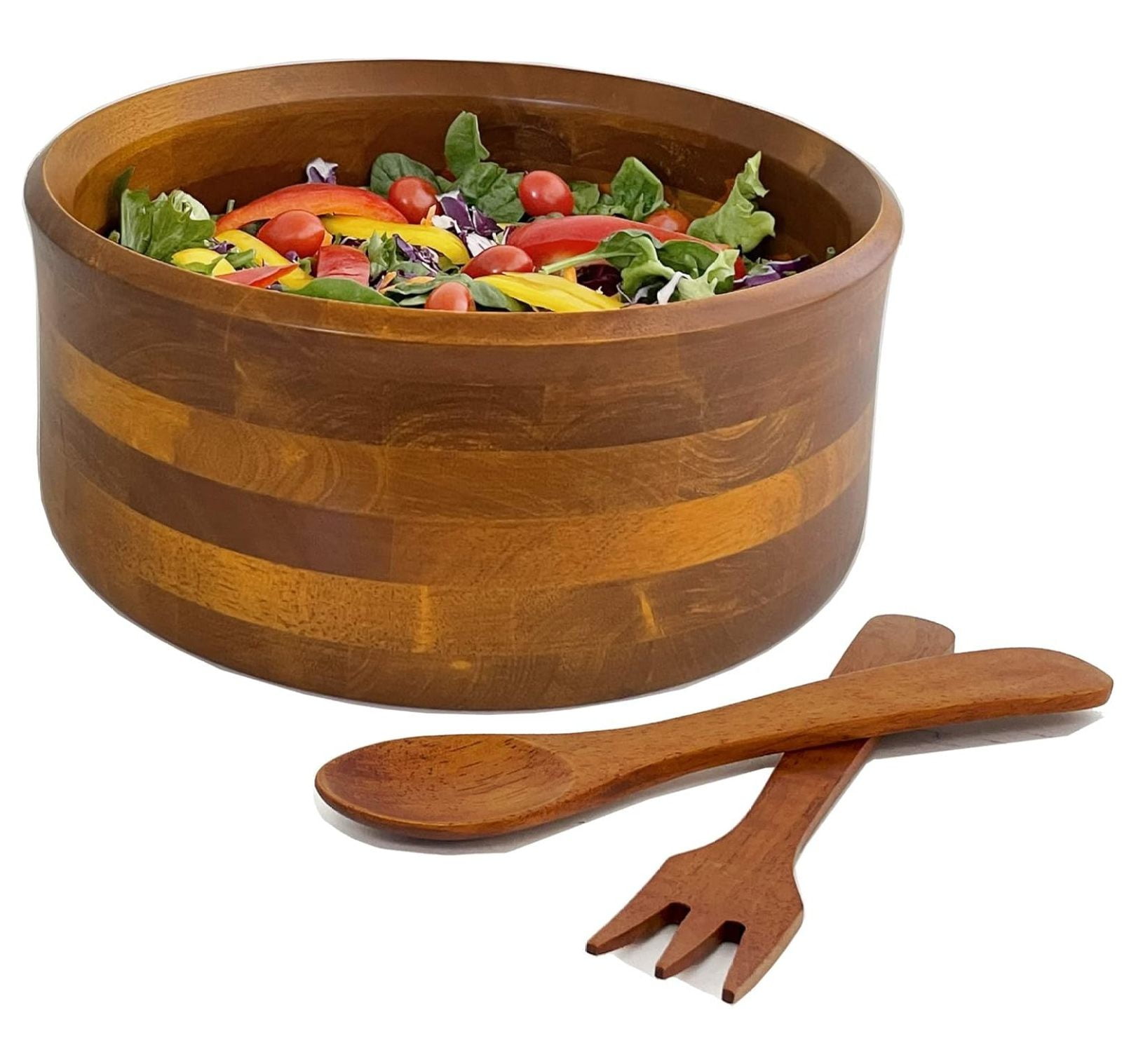 Acacia Wood 10" Salad Serving Bowl with Salad Hands