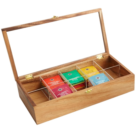 Woodard & Charles 10 Compartment Tea Storage Box, Acacia Wood, 15 1/4" x 7 1/2" x 3 3/4"