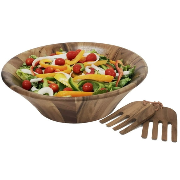 Woodard & Charles 14" Acacia Wood Salad Bowl with Salad Hands, 3 Piece Set