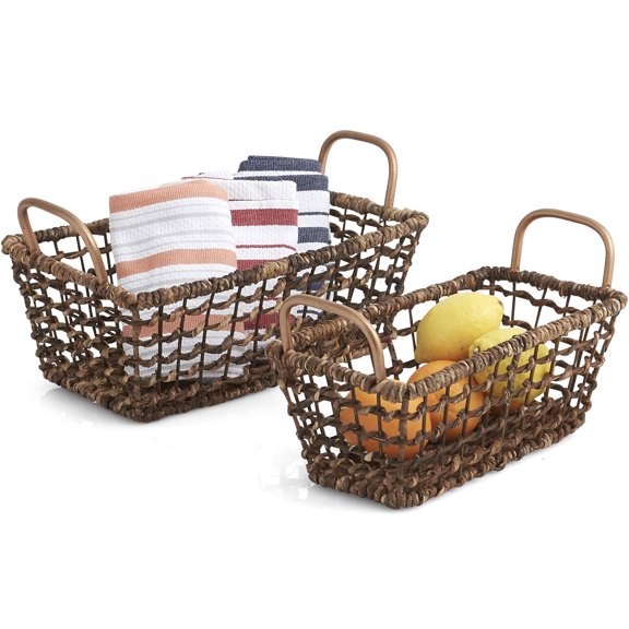 Woodard & Charles 2 Piece Open Weave Storage Basket with Gold Metal Handles Set