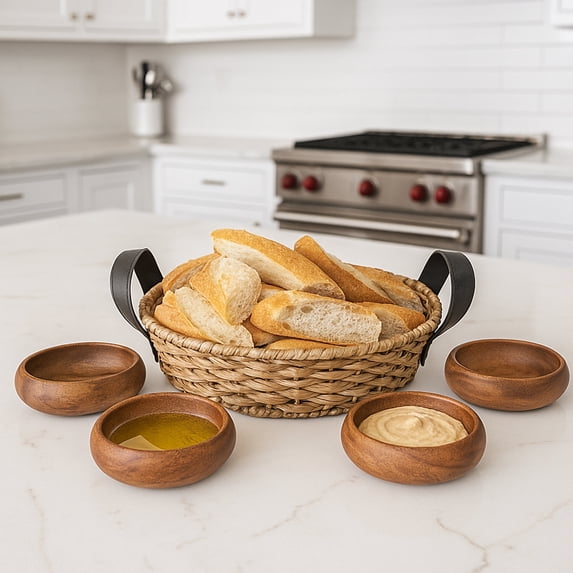 Woodard & Charles Large Round Serving Tray and 4 Acacia Wood Bowls, 5 Piece Serving Set