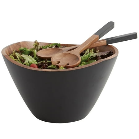 Woodard & Charles Acacia Wood 12” Salad Serving Bowl with Servers, 3 Piece Set