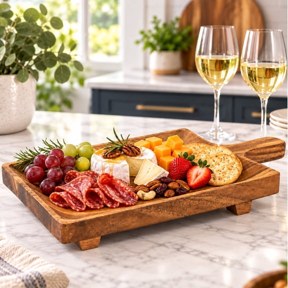 Woodard & Charles Acacia Wood 16" Raised Footed Paddle Board Serving Tray with Handle, for Serving Charcuterie, Appetizers, Sushi, and More