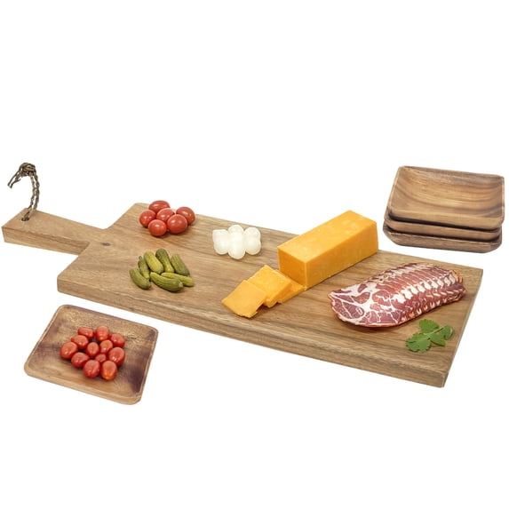 Woodard & Charles Acacia Wood 23" Paddle Board with 4 Serving Plates, 5 Piece Serving Set