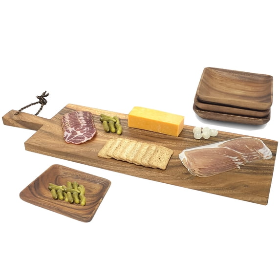 Woodard & Charles Acacia Wood 29" Paddle Board with 4 Serving Plates, 5 Piece Serving Set