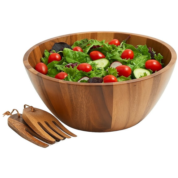 Woodard & Charles Acacia Wood 3 Piece 12" Salad Bowl with Salad Hands Set