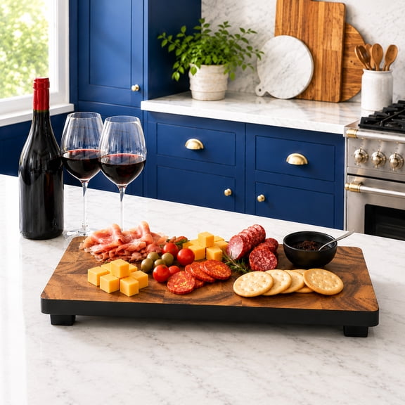 Woodard & Charles Raised Acacia Wood Serving Tray, Perfect for Serving Cheese, Charcuterie, Appetizers, Sushi, and More, 16" x 8" x 1.75"