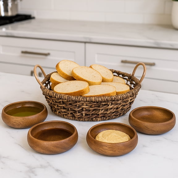 Woodard & Charles Large Round Serving Tray and 4 Acacia Wood Bowls, 5 Piece Serving Set
