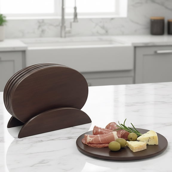 Woodard & Charles Walnut Stained Oval Serving Tray Set with Stand, 7 Piece Set