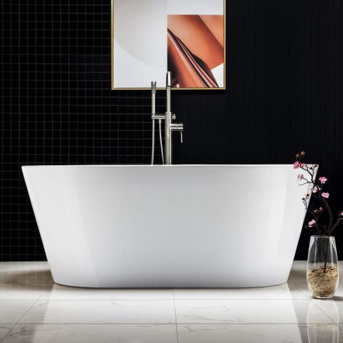 Woodbridge 59" Acrylic Freestanding Bathtub Contemporary Soaking Tub with Brushed Nickel Overflow and Drain, B-0014