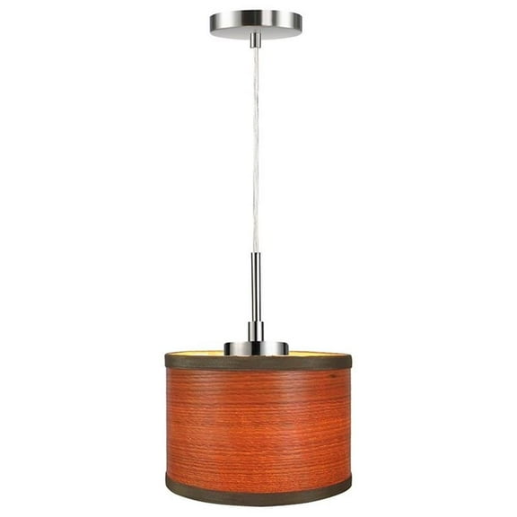 Woodbridge Lighting Drum 1-Light Wood Mini-Pendant in Satin Nickel/Veneer Brulee