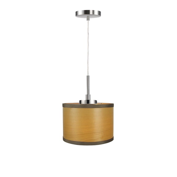 Woodbridge Lighting Drum 1-Light Wood Mini-Pendant in Satin Nickel/Veneer Nougat