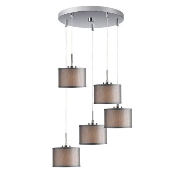 Woodbridge Lighting Drum 5-Light Fabric Cluster Pendant in Satin Nickel/Gray
