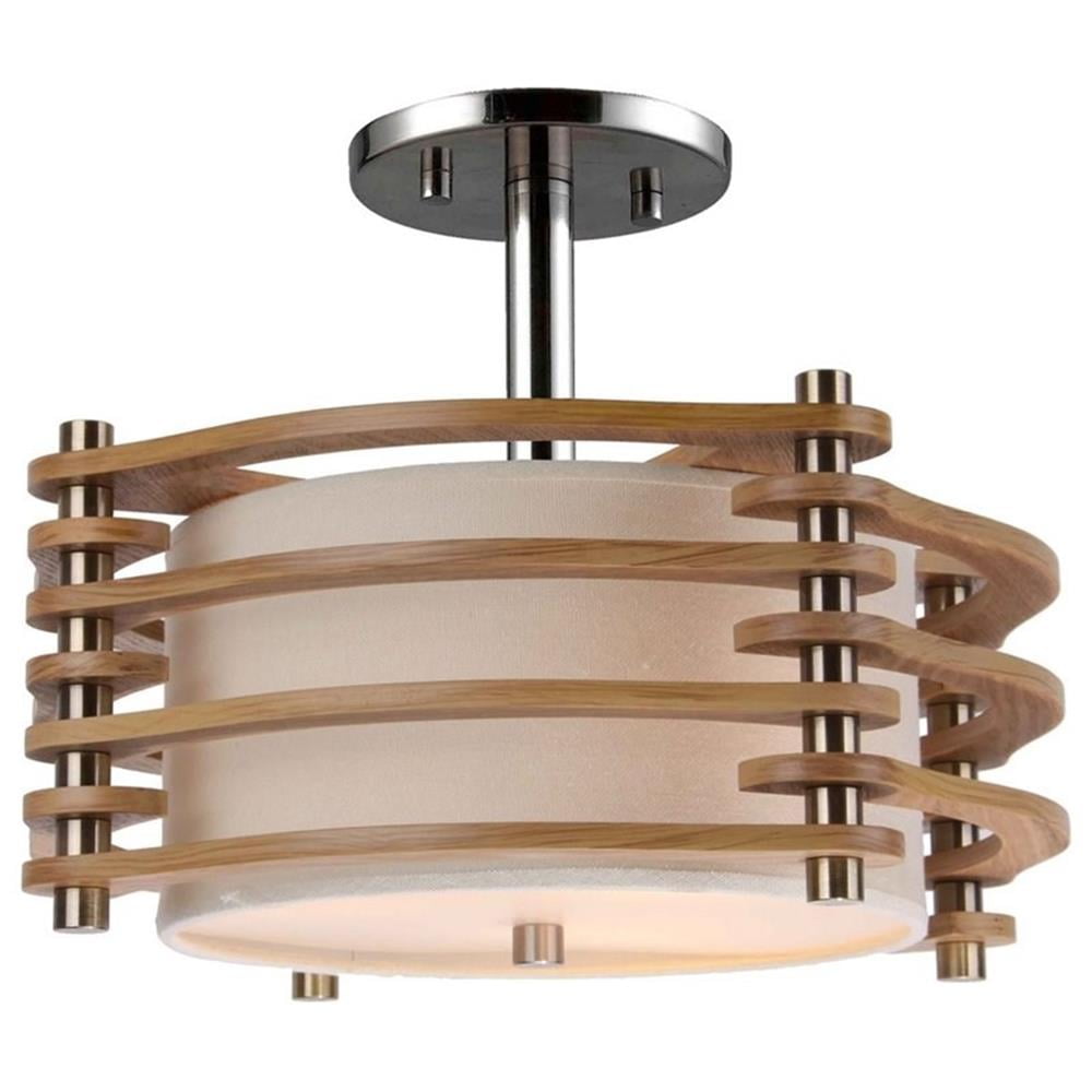 17" Satin Nickel and Ash Wood Semi Flush Mount Light