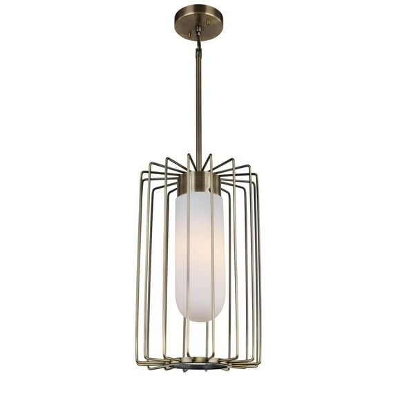Woodbridge Lighting Tanner Cylindrical Steel & Glass Cage Pendant in Brass