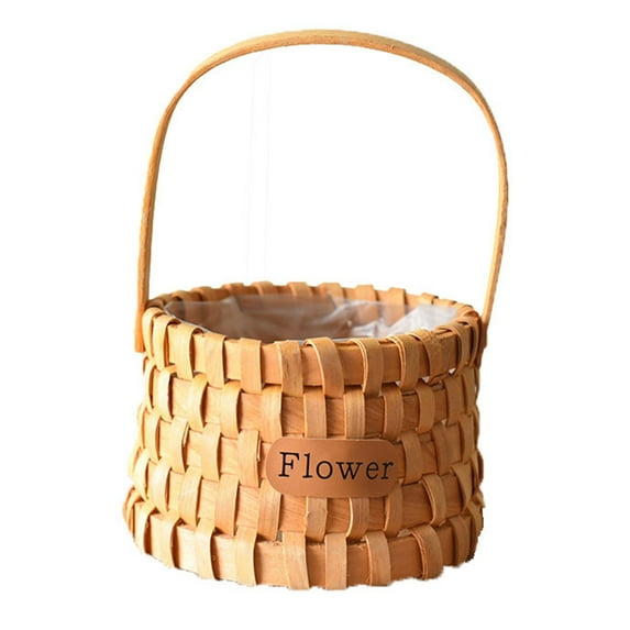 Woodchip Basket with Handle, Hand Woven Storage Basket Picnic Basket, Garden Harvest Basket, Wicker Gift Basket for Easter Round 6.69*6.69*4.72"