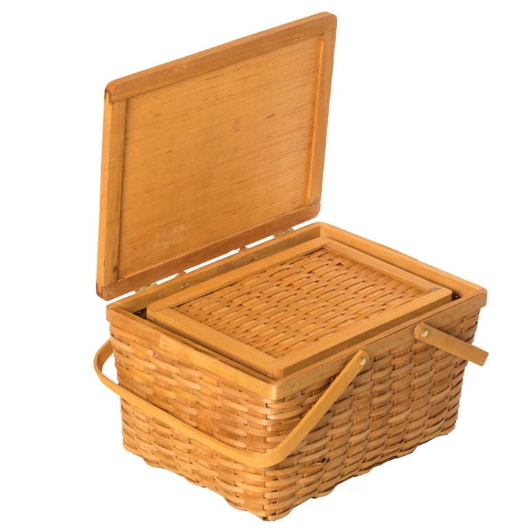 Woodchip Picnic Storage Basket with Cover and Movable Handles Set of 2