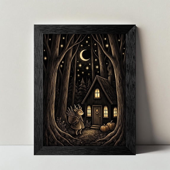 Woddcut Woodcut Deer Cottage Poster, Dark Moody Forest Moon Illustration for ...