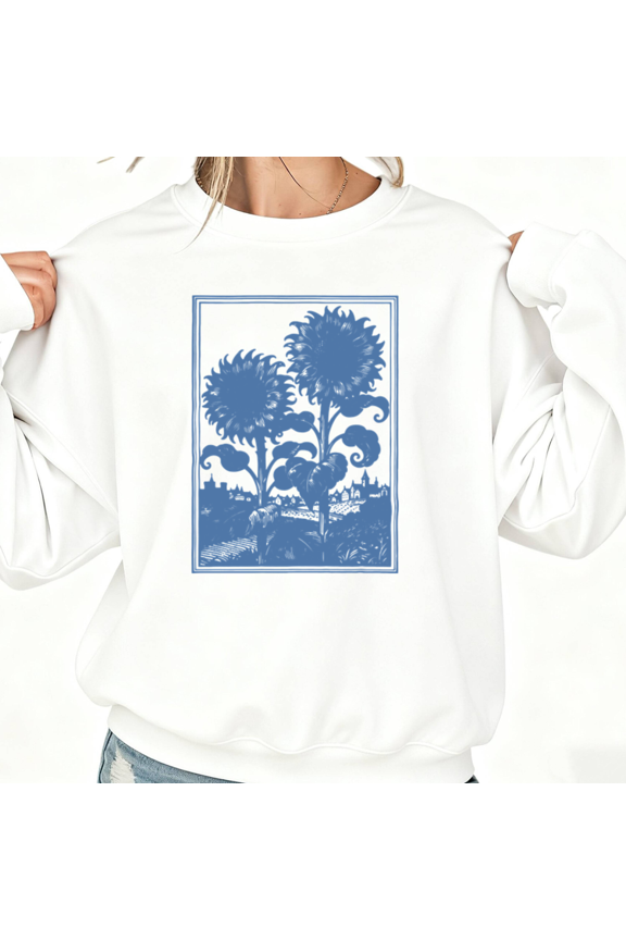 Woodcut Style Sunflower Print Sweatshirt White S-3XL Scenic Graphic Sweatshirt Art Gallery Visit Tops
