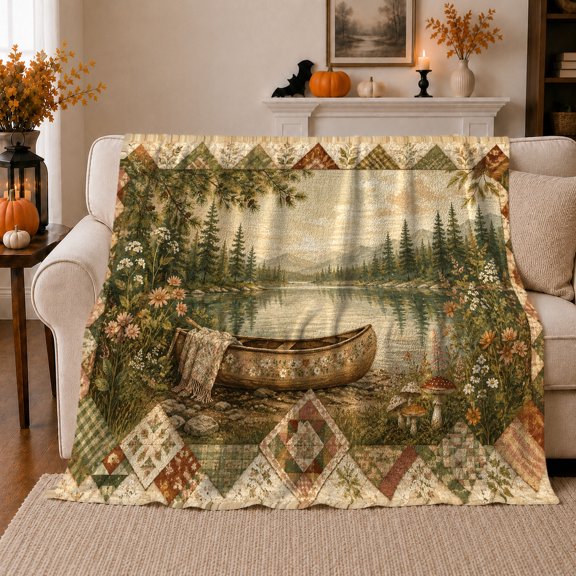 Wooded Lakeside Canoe Floral Carvings Autumn Leaf Border, Peaceful Mountain Lake Scene, Warm Flannel Blanket for Cabin and Lodge, Outdoor Lovers Thanksgiving Gift, Festive Home Decor
