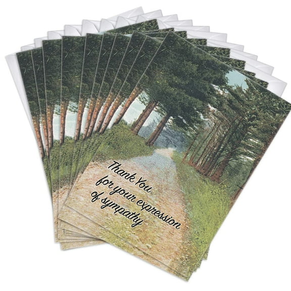 Wooded Path Funeral Sympathy Thank You Greeting Cards | 10 Pack Bulk Set (4X6)