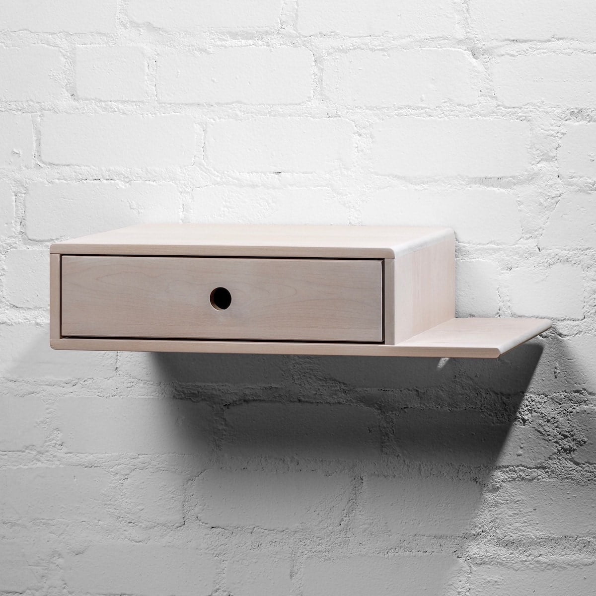 Whitewash European Beech Floating Nightstand with Drawer and Shelf