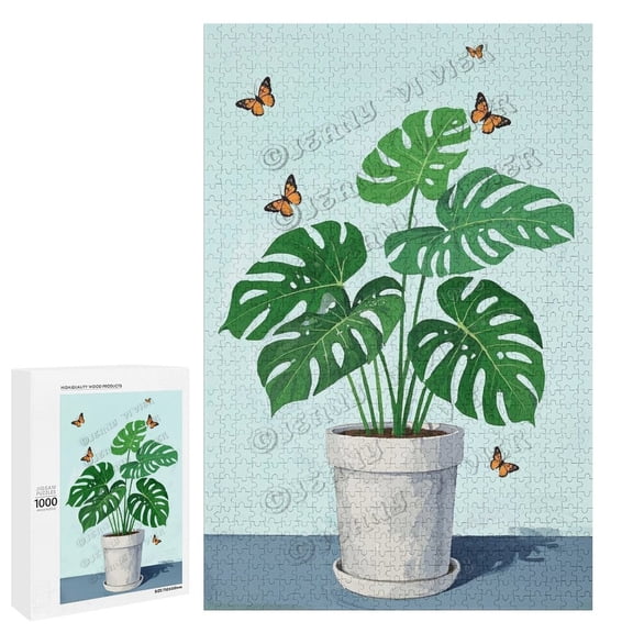 Wooden 1000 Piece Puzzle - Monstera Leaves, Beautiful Nature Jigsaw for Adults, Finished Size 20" x 30"