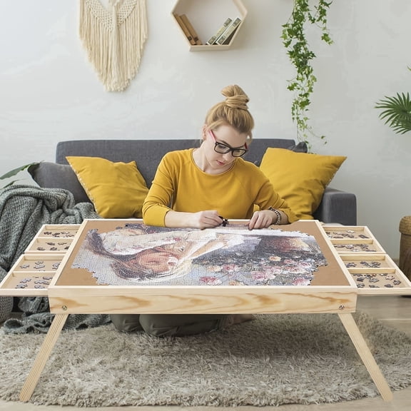 Wooden 1000-Piece Puzzle Table with Folding Legs - Portable Jigsaw Puzzle Board with 4 Drawers & 16 Sorting Grids Birthday Gift