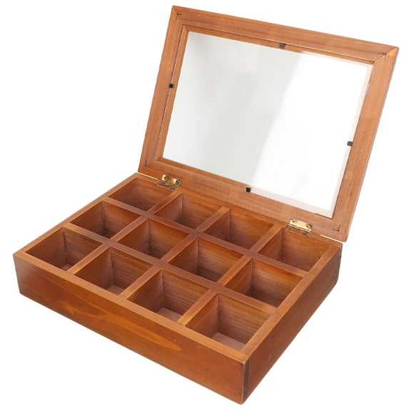 Wooden 12 Compartment Tea Bag Organizer with Clear Window for Home and Dorm Coffee and Tea Bag Display Case
