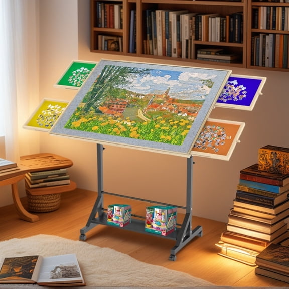 Wooden 1500 Piece Puzzle Table with Drawer, 60 Tilting Puzzle Table with Legs and Wheels, Adjustable Height and Angle Puzzle Table with Protective Cover(Black,Natural Wood)