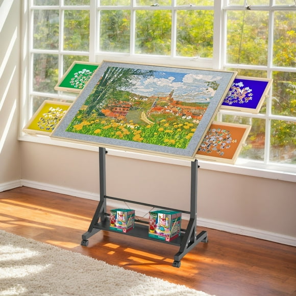 Wooden 1500 Piece Puzzle Table with Legs, Adjustable Puzzle Table, 360 Tilting Puzzle Table with Wheels, Rolling Puzzle Table, Adjustable Height and Angle