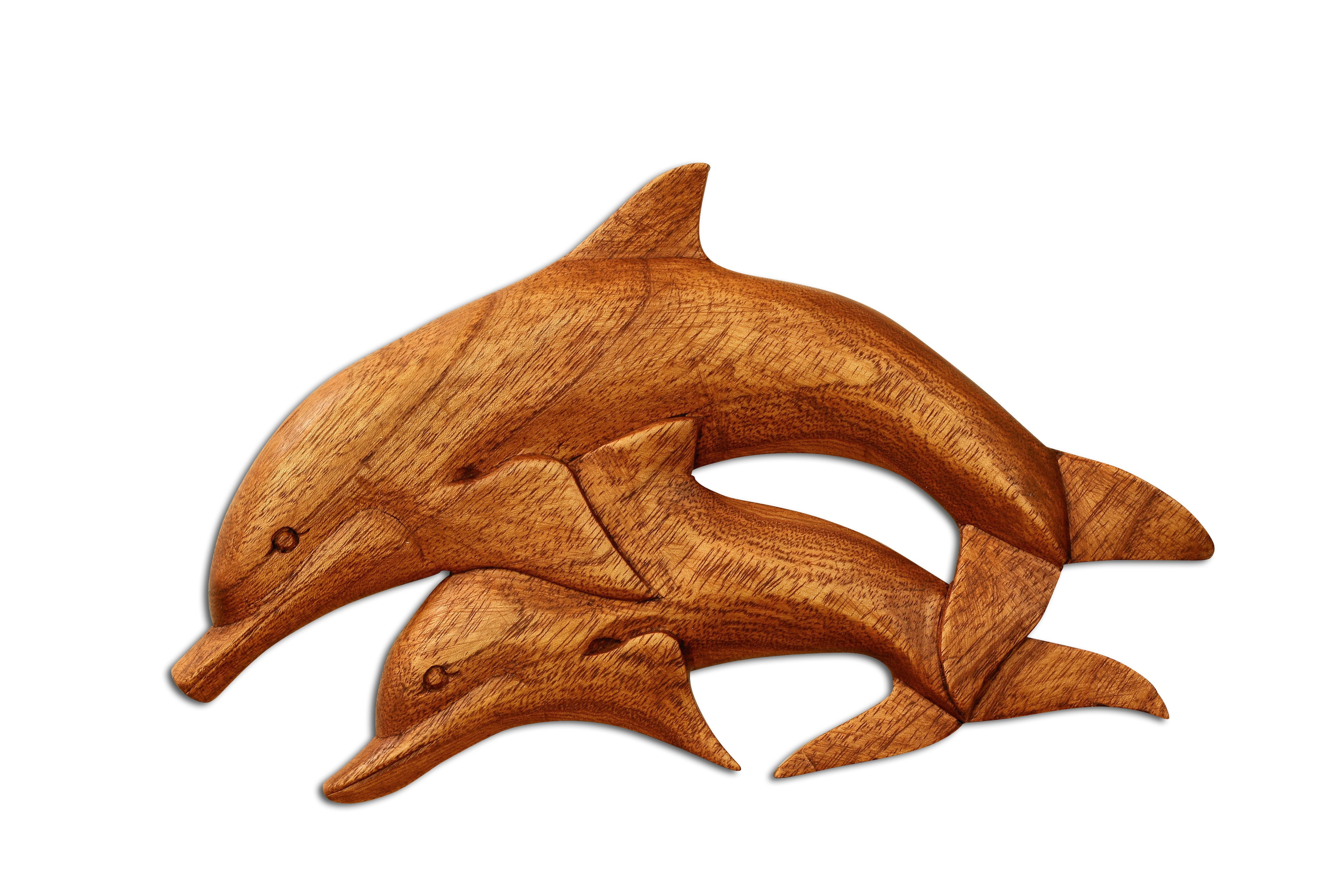 Wooden 2 Dolphins Wall Art Decor Plaque Hanging Sculpture Hand Carved ...