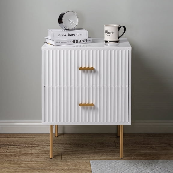 Wooden 2 Drawer Storage End Table Chest Cabinet Table Metal Legs for Home White